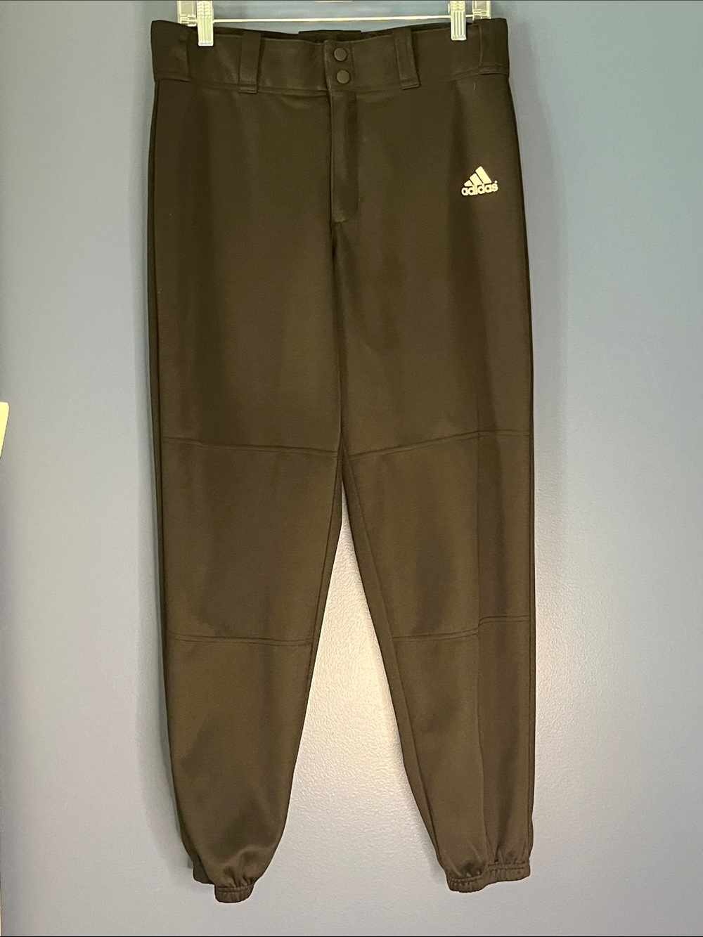 adidas MEN's black Baseball pants, front snap zipper fly, with white logo, sz M